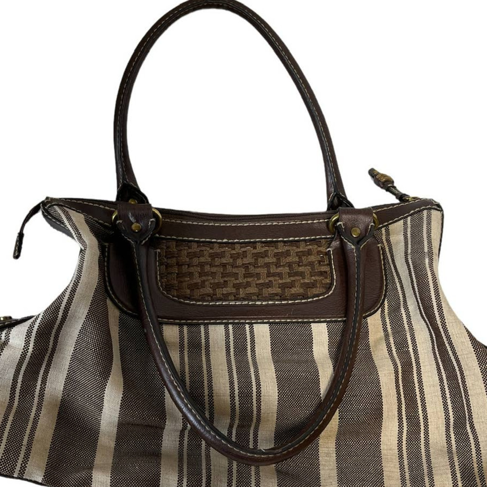 Fossil Large Canvas Brown Vegan Striped Tote Handbag Purse - Picture 6 of 7